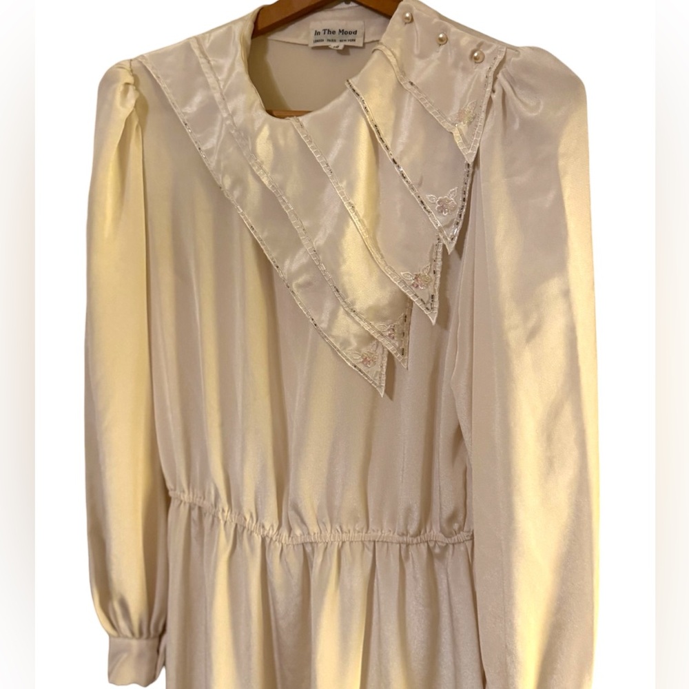 IN THE MOOD 80s Ivory LS Midi Shift Dress w/Sequins Embroidery & Pearls Sz 12 - Picture 5 of 8